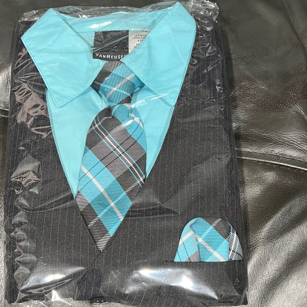 Van Heusen Kids turquoise Blue Shirt with Black Vest and Plaid Tie